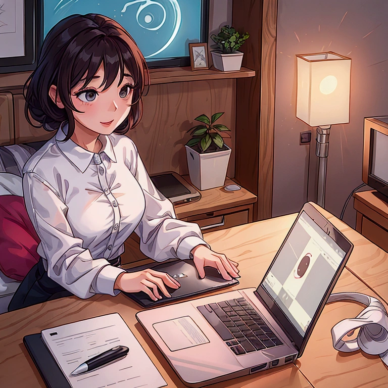 A woman in her 30s working on a laptop at home、simple、No background