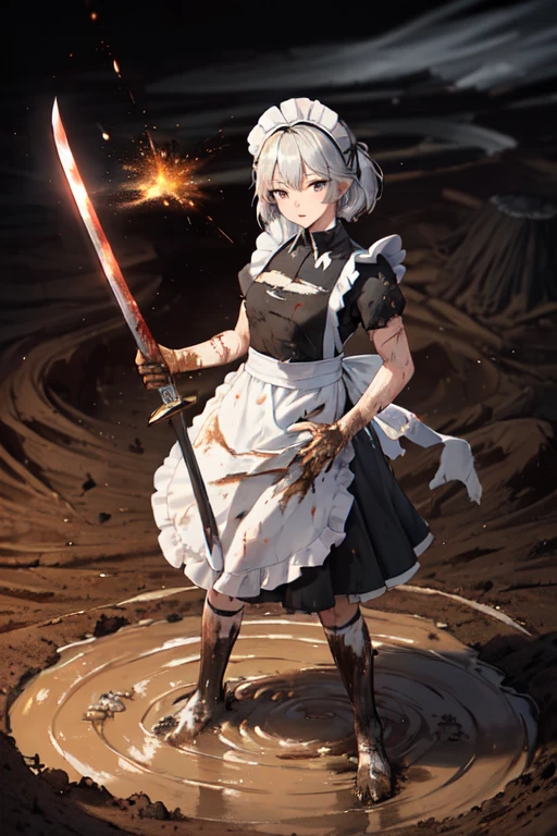 ((Highest quality:1.6)), ((Ultra-high resolution:1.6)), ((masterpiece)), (detailed:1.4), (detailedな顔), girl, cute, strong, Serious, Small breasts, Silver Hair, Fighting with a large sword, (black and white maid outfit, Black Dress, Headband, Long, Classic, Short sleeve), scratch, Blood, ((Apron is torn:1.4)), ((衣服に剣で斬れたscratch:1.6)), Fighting with a giant sword, (剣の斬撃によるscratch:1.6, Hit:1.6), Combat Ready, (Damage to waist apron:1.6), Big crisis, being cornered, 燃えているbattlefield, battlefield, explosion, Flaming, war, (Severe dirt all over the body, Covered in mud, Covered in charcoal:1.6), (Shabby maid:1.6), Holding a two-handed sword, Pointing the blade at the enemy, 