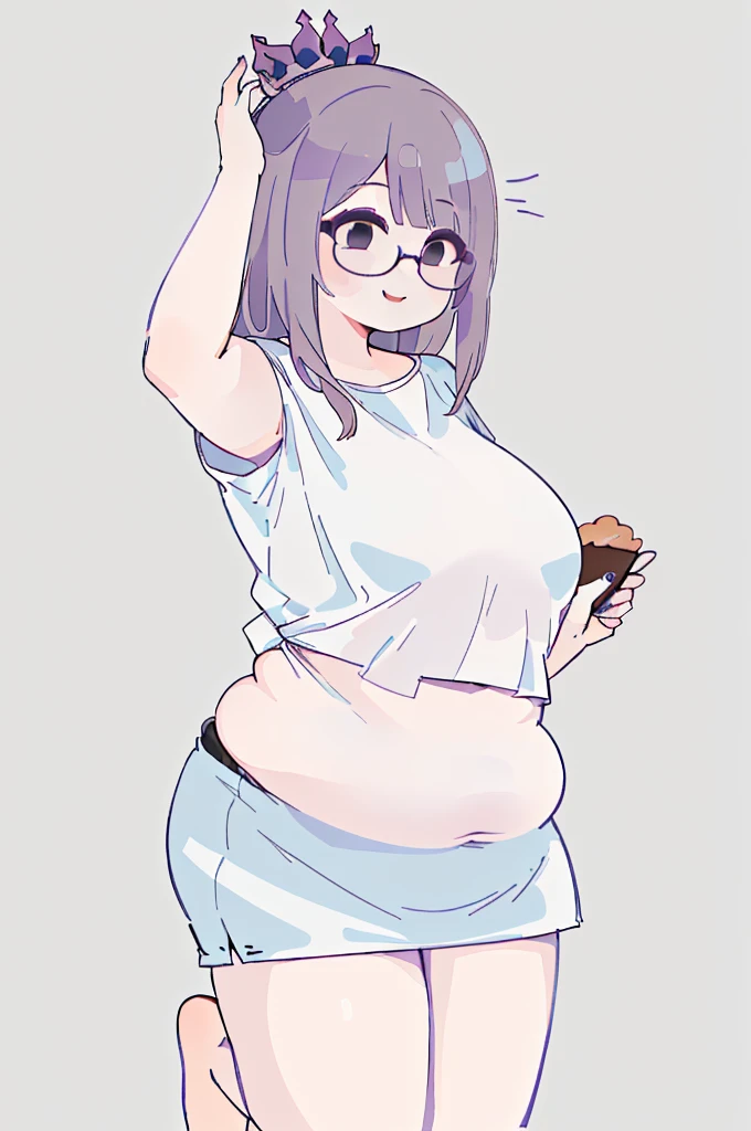 A woman wearing a short skirt is holding a cell phone, Tsk tsk, She has a jiggly, fat, round belly, , brother, big tummy, her belly is fat and round, Fat Chan, thick body, Tsk tsk build, (SFW) safe for work, brother proportions, Short full-length portrait!,,(big bust:1.5), (Black eyes with a slight purple tint:1.5), (Very white and long hair with a bluish tint, weak perm:1.5), (white sleeves wrapped around arms, oversized white shirt, oversized white shirt:1.5), (bare foot, round-rimmed glasses:1.5), (Belly Fat, muffin top, plump:1.5), (smiling faintly:1.5),
