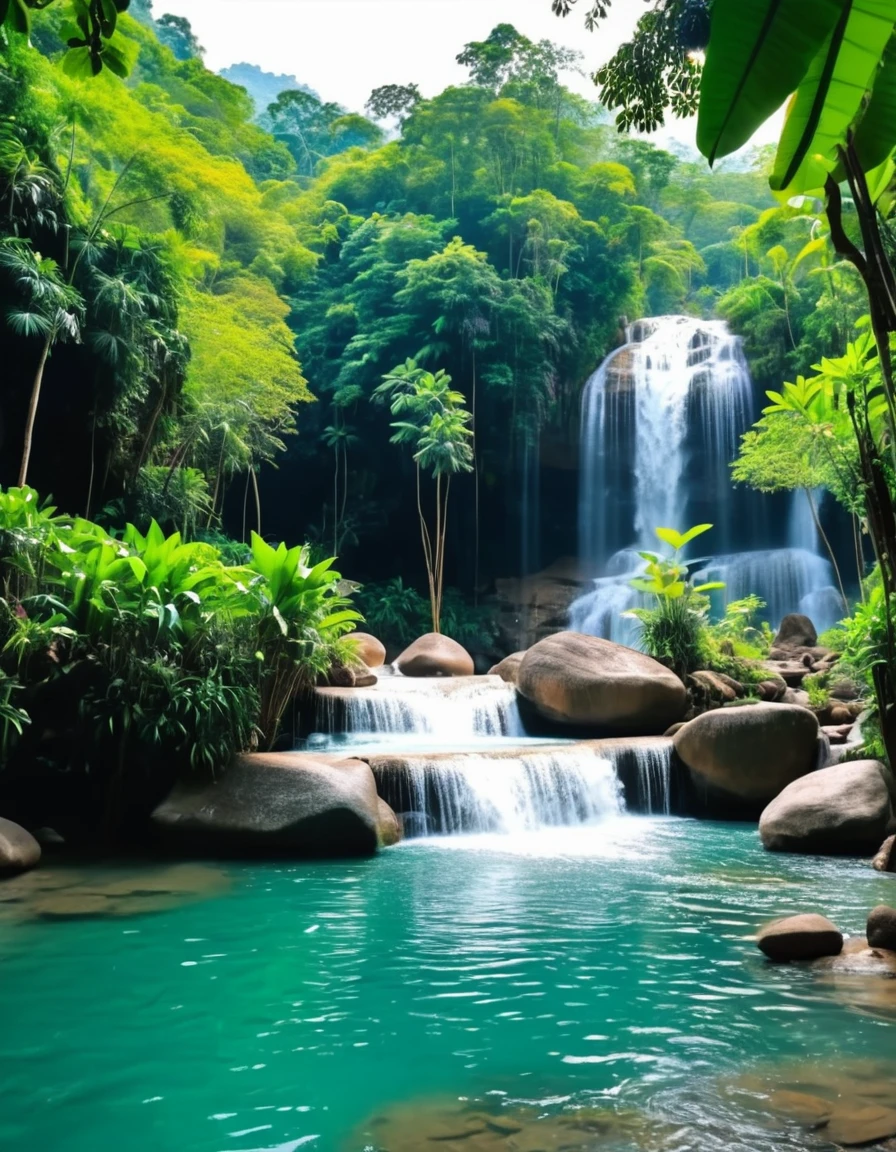 Luxurious vacation home Along the stream of a beautiful natural waterfall, the atmosphere is beautiful. In Thailand, men and women play in a waterfall that flows in beautiful lines that seem to fall from heaven. Taken from real pictures Shot with a clear 8K camera.