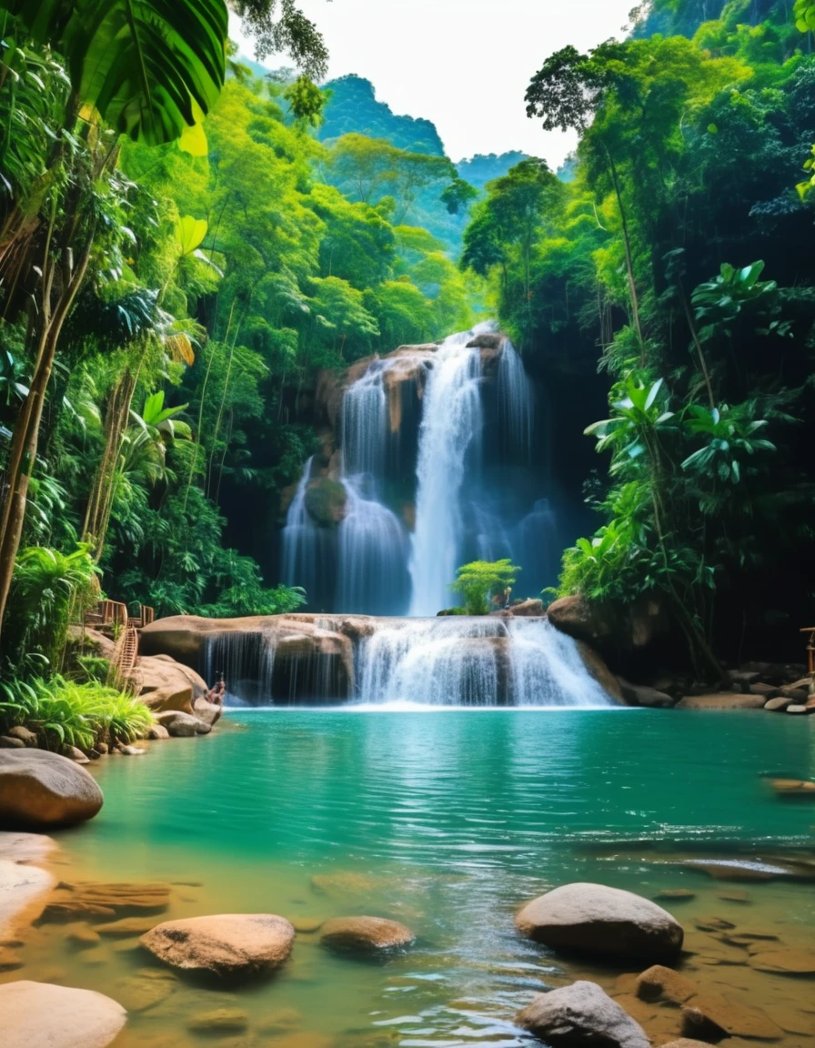 Luxurious vacation home Along the stream of a beautiful natural waterfall, the atmosphere is beautiful. In Thailand, men and women play in a waterfall that flows in beautiful lines that seem to fall from heaven. Taken from real pictures Shot with a clear 8K camera.