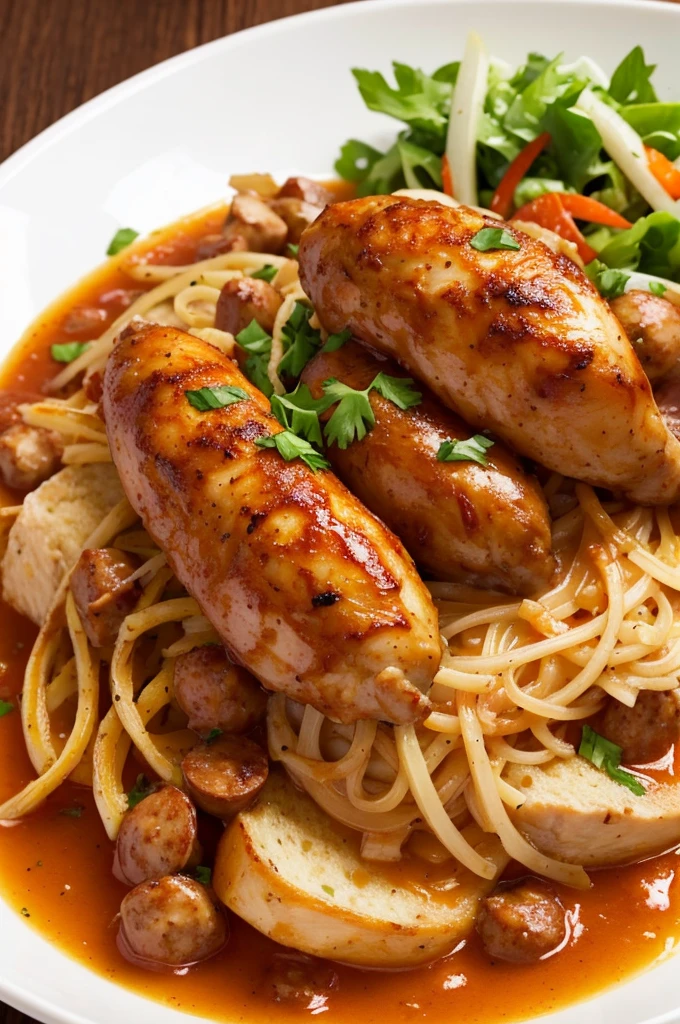 Create image of the following dish: Chicken strogonoff, Roasted sausage, Straw Potato and Salad.