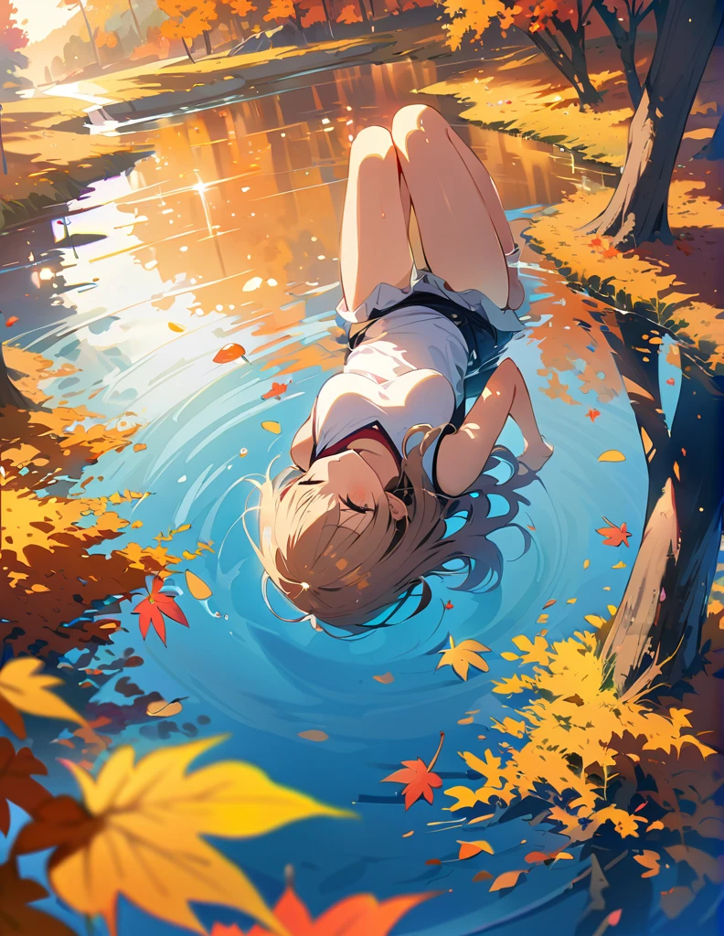 (best quality,4K,8K,High resolution,masterpiece:1.2),super detailed,actual,autumn scenery,Girl reflected in the lake,colorful leaves,floating in water,Golden sunlight shines through the trees,peaceful atmosphere,The girl's expression was calm&#39;s face,red and orange hues,Deep red reflection on the lake,breeze，leaves rustling,Ripples on the water,Warm sweater and jeans,Holding a cup of hot tea,Fallen leaves covered the ground,Small wooden pier extending into the lake,Soft lighting illuminates the scene,The endless trees against the blue sky and white clouds,peaceful atmosphere,get along with nature.