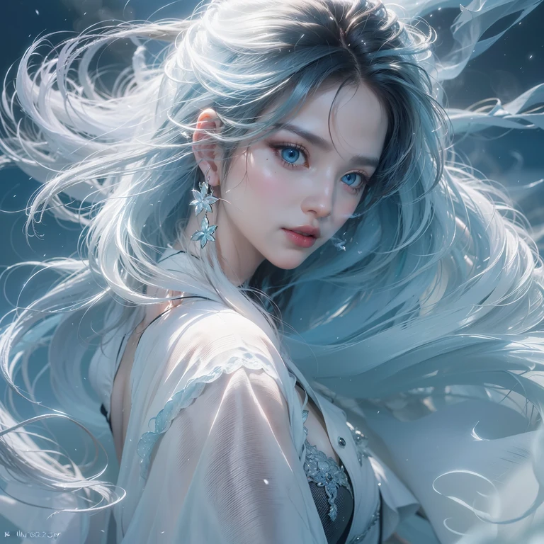 1girl,Beautiful,Magic Style,best quality,masterpiece,(rainbow-candy:0.8),(Half-body:1.3),Ocean,Cool Tone,low saturation,