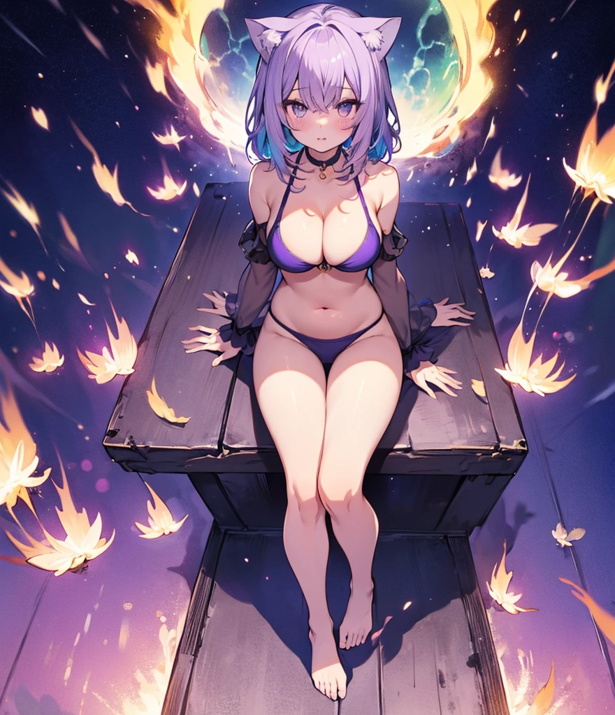 4K, (8K), Highest quality, Anime Style, Emphasize 、Swimwear、Cat porridge、Purple hair color、Swimwear、Spread your legs、Wide-open legs、Knees point outwards、Showing off big breag breasts beful wlump thighs、Footjob Gradient, Full Body Focus,ly colored beautiful eyes、Rainbow、colorful