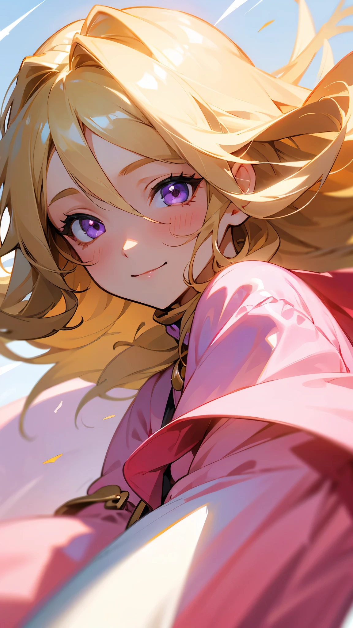 Highest quality、 masterpiece、Upper body close-up、Smiling woman、Windblown Blonde、Shining Eyes、Background of collective phobia、Light clothing、Pink clothes
