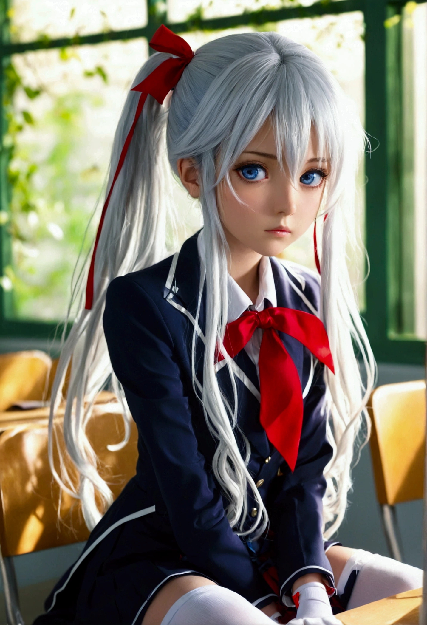 The anime girl has long, silver hair tied with a red ribbon, striking blue eyes, and a serious expression. She wears a light blazer over a dark vest or dress, a red bowtie, and white thigh-high socks. Seated in a classroom, she appears thoughtful in the serene, light-filled setting.Sitting in a garden at sunset