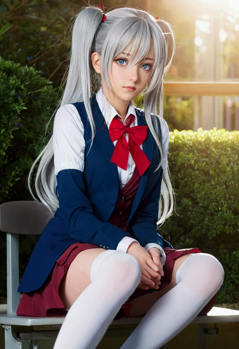 The anime girl has long, silver hair tied with a red ribbon, striking blue eyes, and a serious expression. She wears a light blazer over a dark vest or dress, a red bowtie, and white thigh-high socks. Seated in a classroom, she appears thoughtful in the serene, light-filled setting.Sitting in a garden at sunset