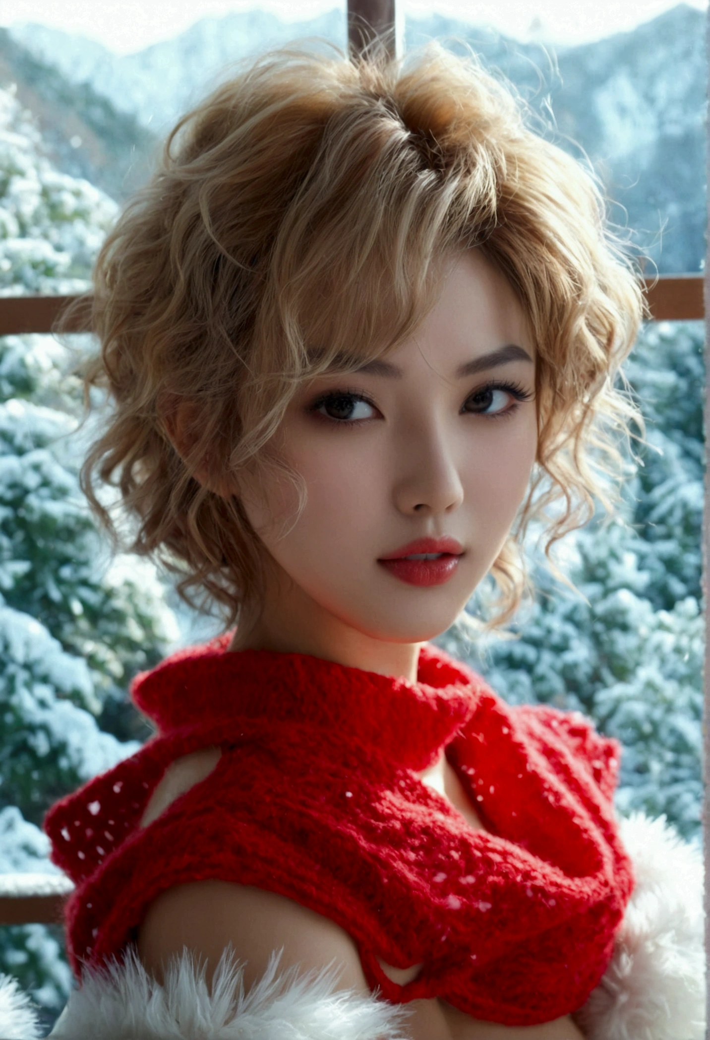 (8K, RAW photo, highest quality, masterpiece:1.2), (realistic, Photoreal:1.37), super detailed, High resolution,, beautiful and detailed face, (slim waist) :1.3), , Beautiful and smooth skin, skin texture, floating hair, professional lighting, human body as a whole, Photographed inside a villa on a snowy mountain、(((32ｋ))),(((high detail))),（((Background inside the villa in the snowy mountains)))、(((realistic)))、(((Berry shorts and beautiful bare legs)))、(((beautiful)))、(((blonde curly hair：１．４)))、(((red sweater)))、(((small details))) 、(((big breasts)))、attention to detail,realistic atmosphere,beautiful dark eyes,detailed mouth,glossy lips, thin eyebrows,fine eyes、Soft white skin that shines in every detail、 deep colored eyes,very beautiful eyes,lip details、 very beautiful face,very well-shaped face、 lifelike face,glossy beautiful lips, realistic, Young gravure Idol, very beautiful , ,moderately beautiful,Young sensual gravure Idol,Young gravure Idol, beautiful, Cute and sexy ,face is flushed,１７Year,brown shiny hair,,beautiful.high detailハイビジョン,well-shaped chest, mature body, ,Moist eyes、Transparency、beautiful skin、Idol、my makeup、front、 smile、 big breasts、detailed drawing of hair、Eyelash details,