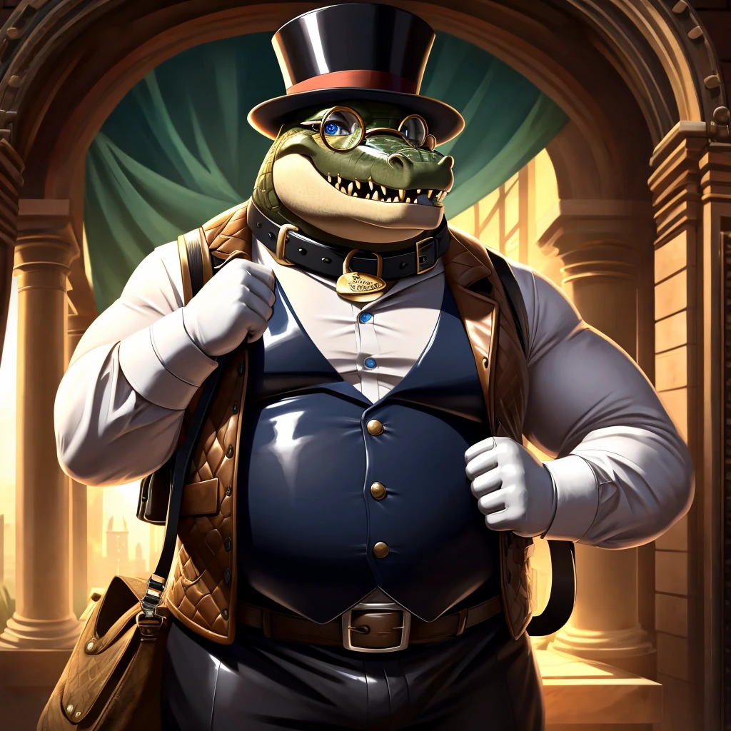 Solo, Male, fat, extremely obese, gentleman, dapper Professor Crocodile, blue eyes, (posing:1.3), (soft shading), 4k, hi res, ((detailed face, detailed)), looking at viewer, mouth wide open, steampunk, collared shirt with buttons, top hat, male focus, Explorer Outfit, glasses, monocle, bag, vest with buttons, backpack, sleeves rolled up, round eyewear, brown headwear, brown vest, Crocodile is wearing a glossy leather dog collar around the neck, Crocodile is wearing the leather collar and shirt and vest at the same time, Crocodile is wearing glossy white rubber gloves on the hands, wearing white rubber gloves on the feet, gloves are rubber in texture, clenching teeth, clenching fists, leather collar is glossy and shiny with a lot of detail, Crocodile is wearing gloves and leather collar at the same time, leather collar has a round dog-tag, leather collar is thick and detailed.