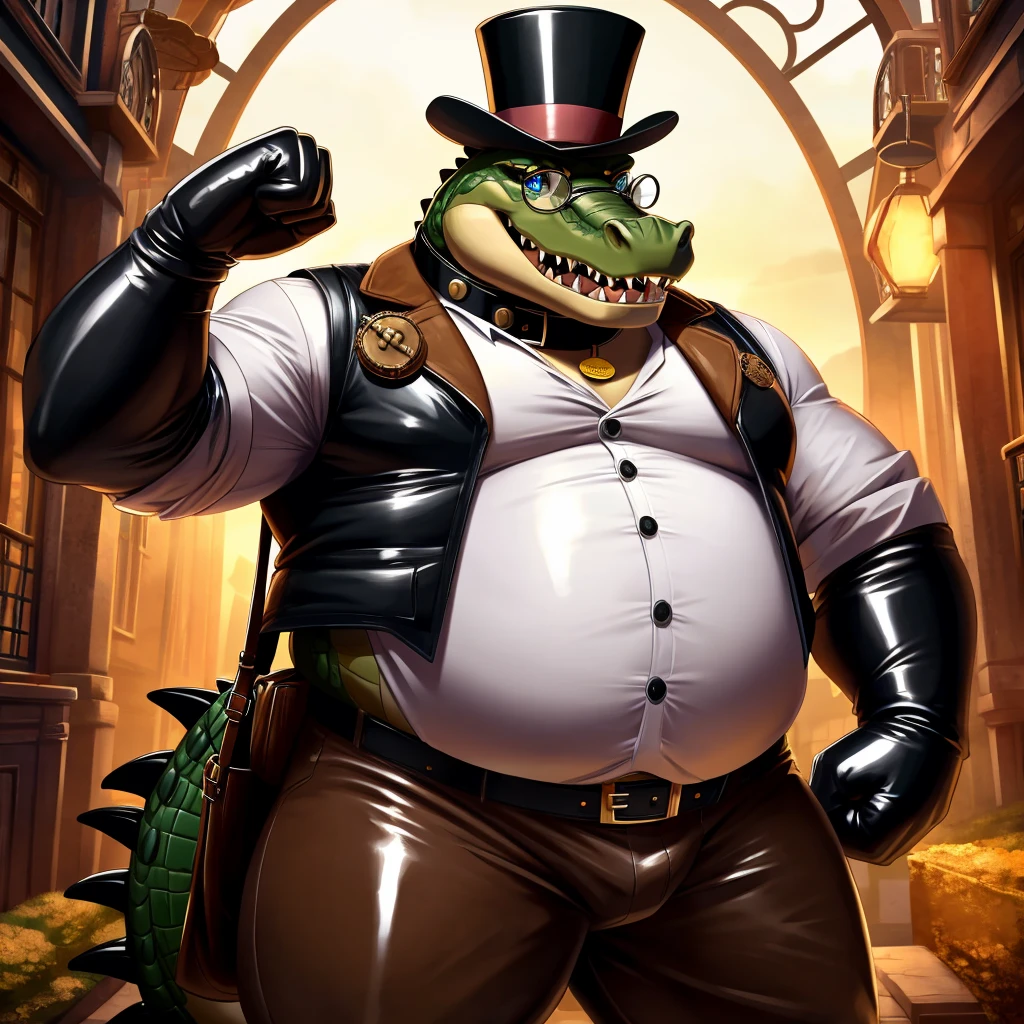 Solo, Male, fat, extremely obese, gentleman, dapper Professor Crocodile, blue eyes, (posing:1.3), (soft shading), 4k, hi res, ((detailed face, detailed)), looking at viewer, mouth wide open, steampunk, collared shirt with buttons, top hat, male focus, Explorer Outfit, glasses, monocle, bag, vest with buttons, backpack, sleeves rolled up, round eyewear, brown headwear, brown vest, Crocodile is wearing a glossy leather dog collar around the neck, Crocodile is wearing the leather collar and shirt and vest at the same time, Crocodile is wearing glossy white rubber gloves on the hands, wearing white rubber gloves on the feet, gloves are rubber in texture, clenching teeth, clenching fists, leather collar is glossy and shiny with a lot of detail, Crocodile is wearing gloves and leather collar at the same time, leather collar has a round dog-tag, leather collar is thick and detailed.
