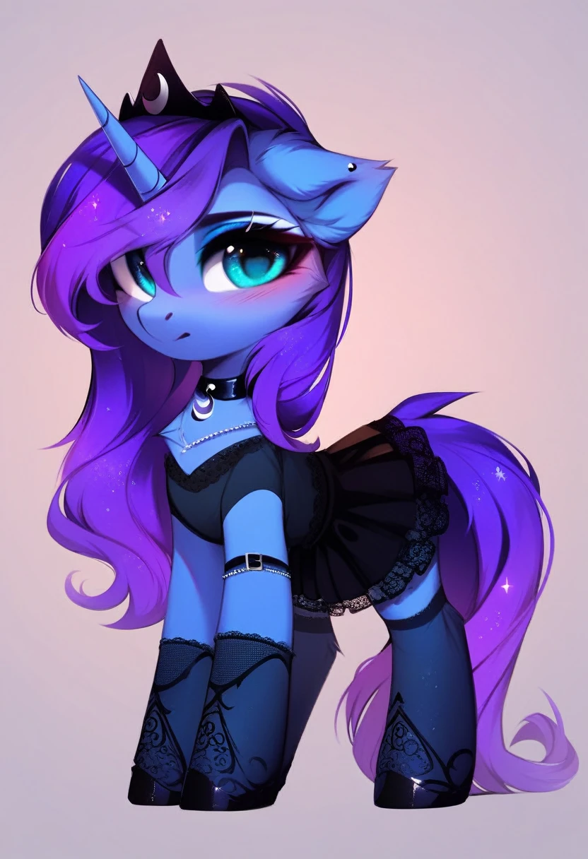 check_9, check_8_up, check_7_up, source_fluffy, rating_safe, from Magnaluna, Luna poses seductively in a gothic bedroom, antro, blushing, blue body, purple mane, see through black skirt