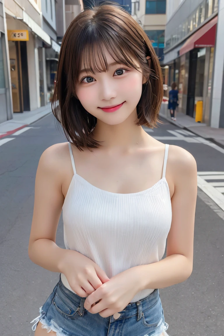 Highest quality, (beautiful)、Super delicate eyes、Brown eyes、22-year-old female、Brown Hair、looking at the camera、Semi-short hair、camisole、Soft Breasts、smile、Shorts、Gal、Street Corner
