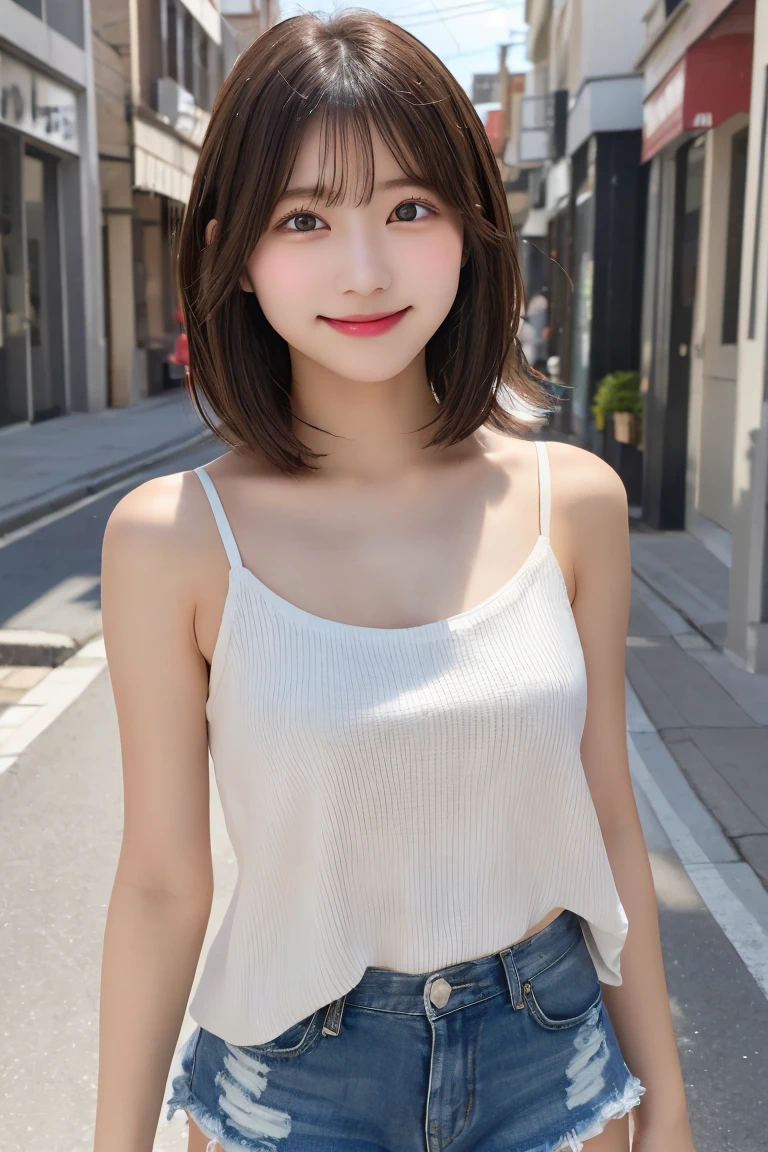 Highest quality, (beautiful)、Super delicate eyes、Brown eyes、22-year-old female、Brown Hair、looking at the camera、Semi-short hair、camisole、Soft Breasts、smile、Shorts、Gal、Street Corner