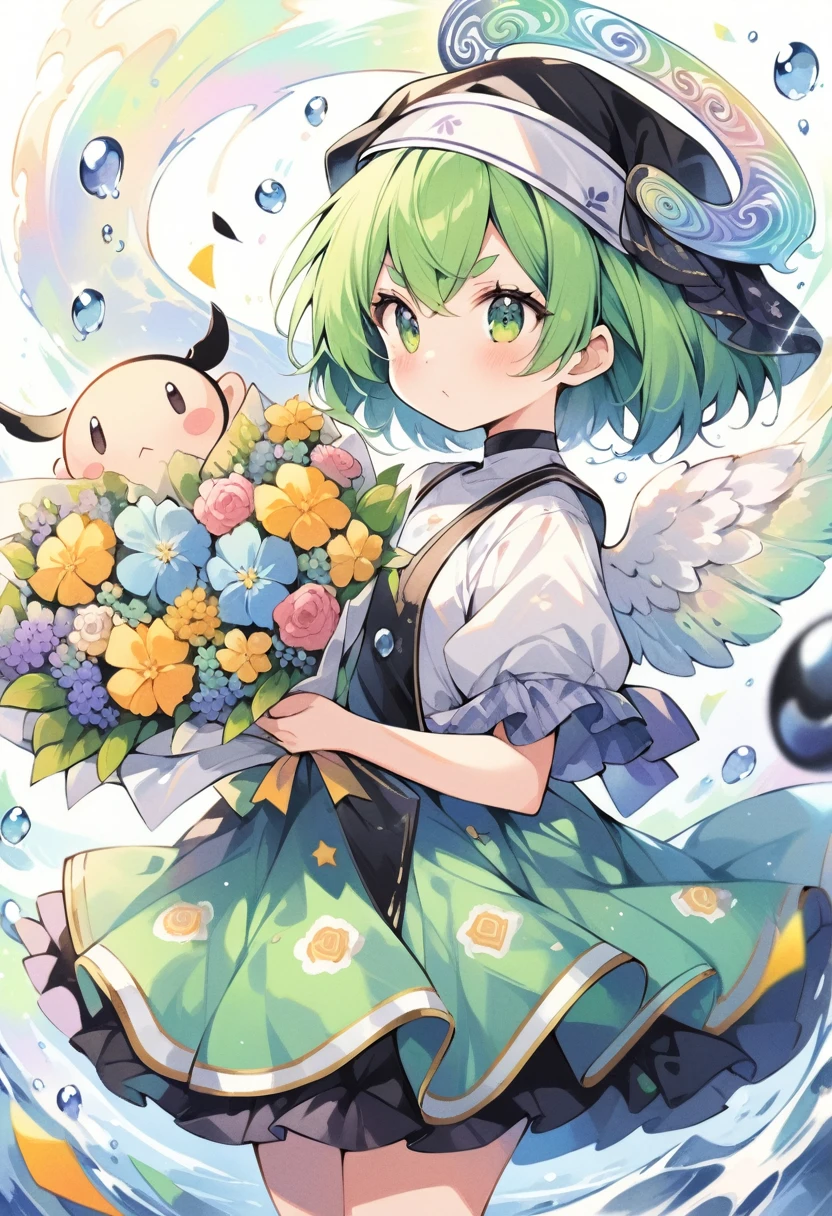 (:1.4),(little female child:1.4), cute face, 6 yeaii, (highlight on eyes:1.1), small breast, (jiggly:0.8), shiny skin,(mini girl:1.5),
BREAK
(green maro eyebrows:1.2), :<, (jitome:1.1),pouty and slightly grumpy,(medium green hair:1.3),pout,disgusted eyes, green eyes, puffy eyes,
BREAK
breathtalking Scenery, breathtalking Beauty, breathtalking Cute,scenery, (best quality, masterpiece:1.2), (ultra high quality:1.2),smooth soft skin, natural skin,watercolor,
BREAK
marbled patterns nun dress, (marbling botanical pattern veil),(marbling angel wings:1.2),marbling (angel halo:1.2),blush,choker,nun,excessive detailed collarbone,
BREAK
(marbling:1.5), marbled patterns,(swirling colors:1.2), abstract art, ink on water, floating water drops,water effect, ink, zentangle,fractal,entangle,swirl,floral pattern,
BREAK
flower bouquet, (digits behind bouquet:1.3), (hands behind bouquet:1.3),
(holding bouquet:1.1), celebration, Congratulations,confetti, bloom effect,dynamicangle,pastelcolor,upturned eyes,