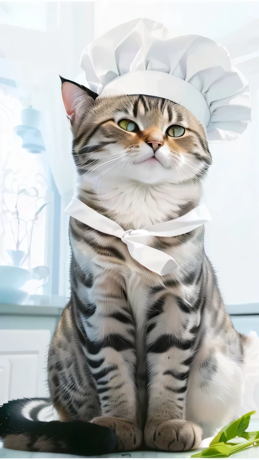 araffe cat wearing a chef hat and sitting on a table, cat with a hat, elegant cat, a cute cat, cute cat photo, cute cat, awww, funny cat, awesome cat, !!!! cat!!!!, a cat is smiling, happy cat, cat wearing a top hat, kawaii cat, dressed as a pastry chef, !!! cat!!!