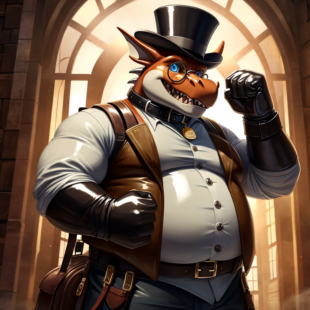 Solo, Male, fat, extremely obese, gentleman, dapper Professor Dragon, blue eyes, (posing:1.3), (soft shading), 4k, hi res, ((detailed face, detailed)), looking at viewer, mouth wide open, steampunk, collared shirt with buttons, top hat, male focus, Explorer Outfit, glasses, monocle, bag, vest with buttons, backpack, sleeves rolled up, round eyewear, brown headwear, brown vest, Dragon is wearing a glossy leather dog collar around the neck, Dragon is wearing the leather collar and shirt and vest at the same time, Dragon is wearing glossy white rubber gloves on the hands, wearing white rubber gloves on the feet, gloves are rubber in texture, clenching teeth, clenching fists, leather collar is glossy and shiny with a lot of detail, Dragon is wearing gloves and leather collar at the same time, leather collar has a round dog-tag, leather collar is thick and detailed.
