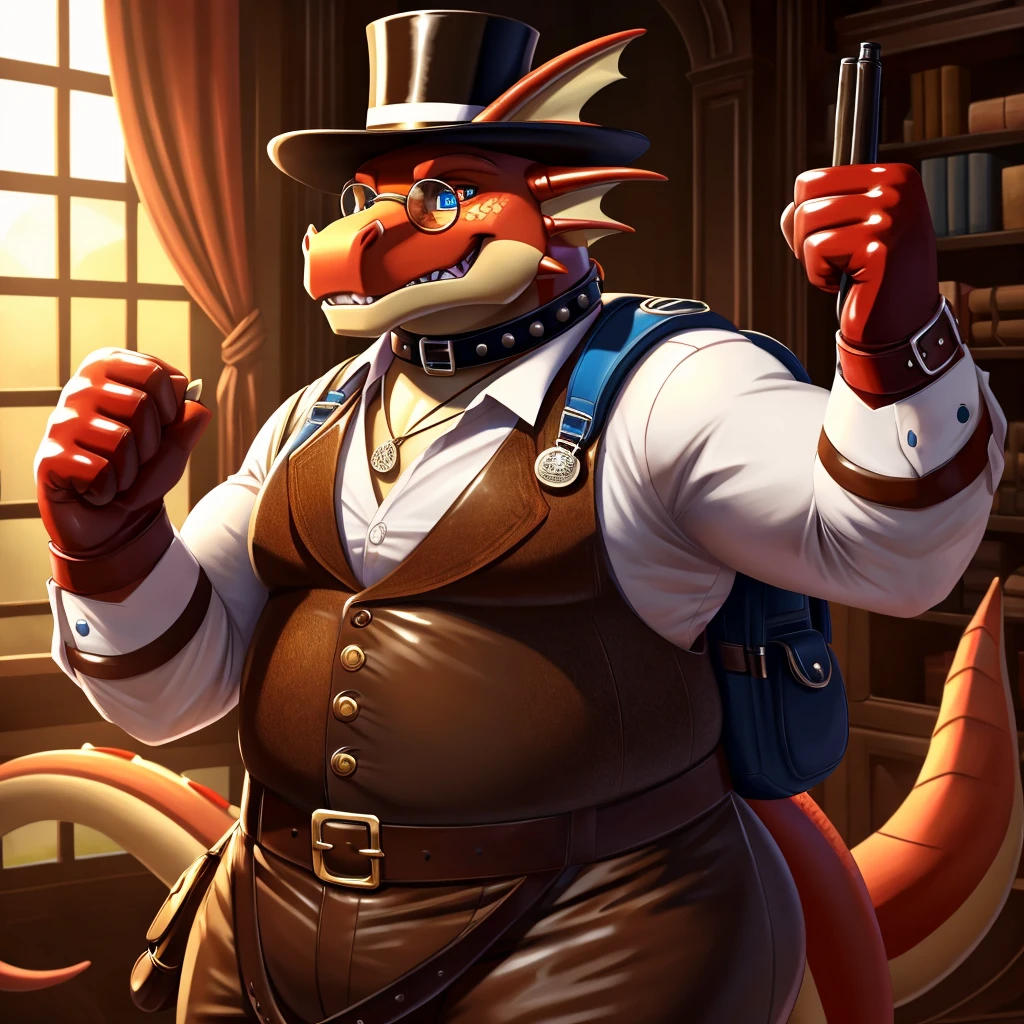 Solo, Male, fat, extremely obese, gentleman, dapper Professor Dragon, blue eyes, (posing:1.3), (soft shading), 4k, hi res, ((detailed face, detailed)), looking at viewer, mouth wide open, steampunk, collared shirt with buttons, top hat, male focus, Explorer Outfit, glasses, monocle, bag, vest with buttons, backpack, sleeves rolled up, round eyewear, brown headwear, brown vest, Dragon is wearing a glossy leather dog collar around the neck, Dragon is wearing the leather collar and shirt and vest at the same time, Dragon is wearing glossy white rubber gloves on the hands, wearing white rubber gloves on the feet, gloves are rubber in texture, clenching teeth, clenching fists, leather collar is glossy and shiny with a lot of detail, Dragon is wearing gloves and leather collar at the same time, leather collar has a round dog-tag, leather collar is thick and detailed.
