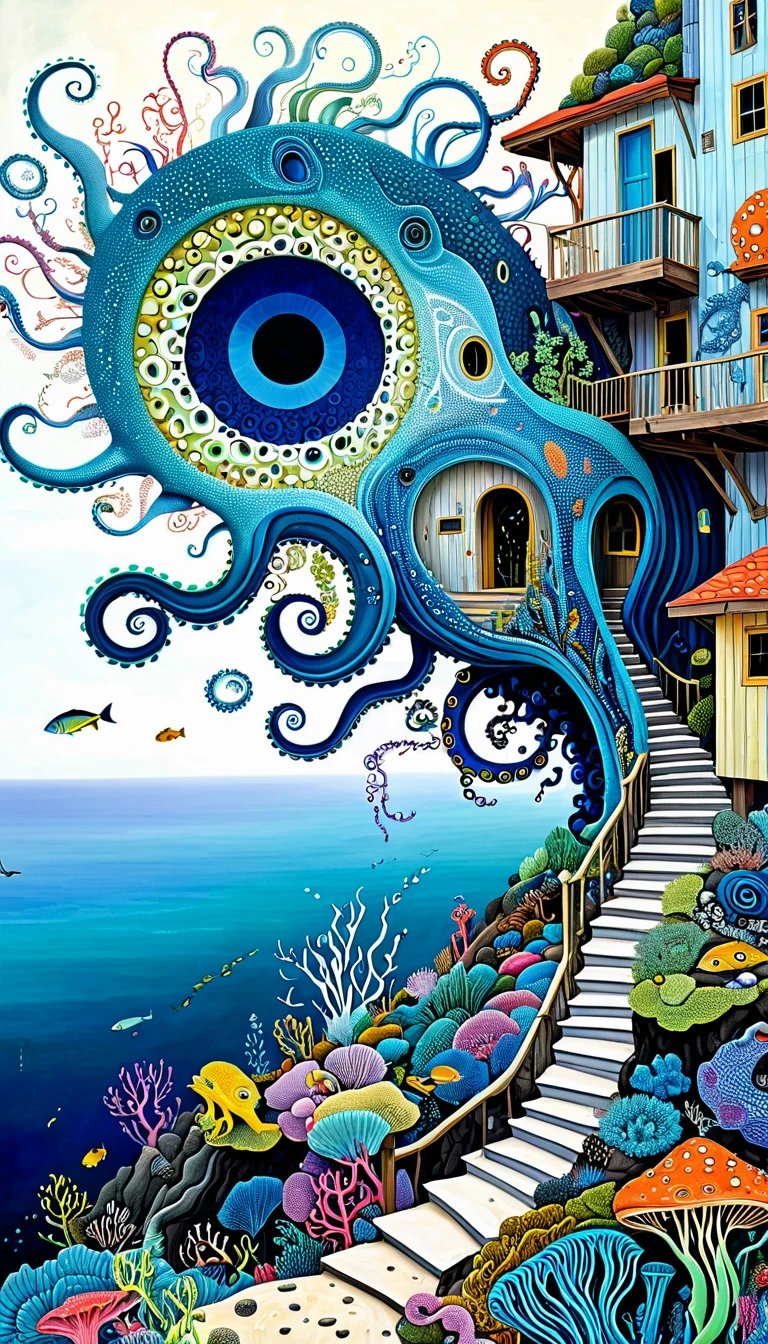 &quot;Dick Ellescas Artist Style&quot;,cabin on cliff，Tentacles瀑布，fish，Tentacles，bird、Eye、eyeball、diatom，Spiral Staircase，Stitching together an abstract painting，Describing the inner world of autistic people，Sense of space，White Space，interesting，Innocence，Psychedelic Art，Blue Theme