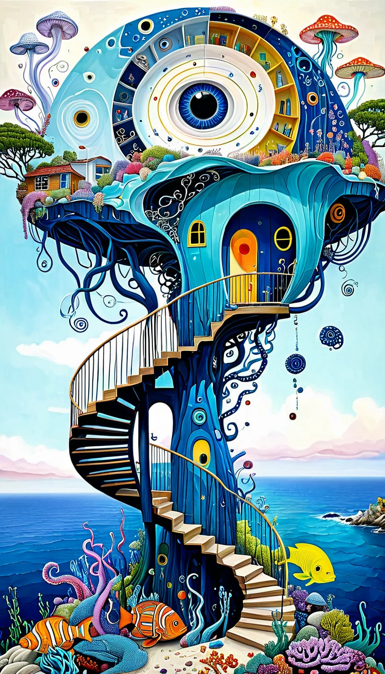 "Dick Ellescas Artist Style",cabin on cliff,Tentacles瀑布,fish,Tentacles,Eye、diatom,Spiral Staircase,Stitching together an abstract painting,Describing the inner world of autistic people,Sense of space,White Space,interesting,Innocence,Psychedelic Art,Blue Theme