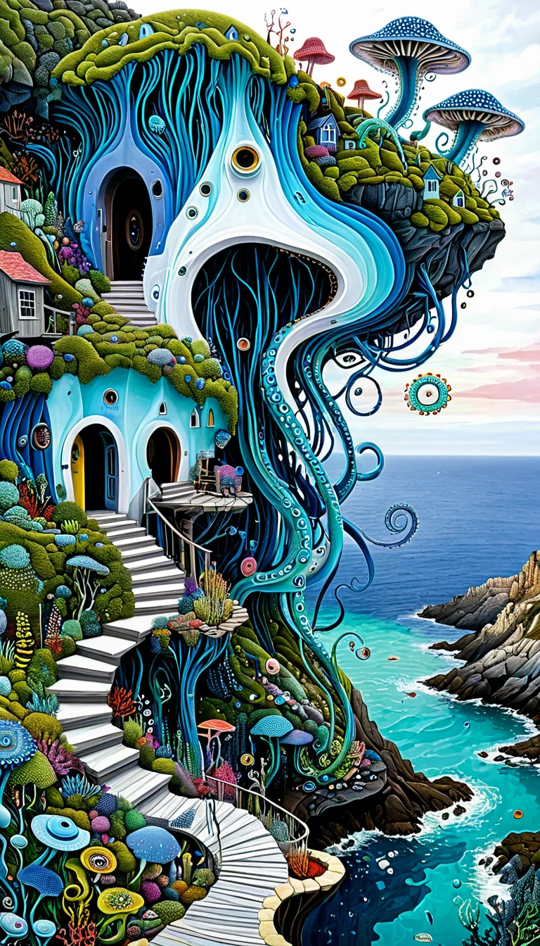 "Dick Ellescas Artist Style",cabin on cliff,Tentacles瀑布,(((粉色美人fish)))、fish,Tentacles,bird、Eye、autistic patient、diatom,Spiral Staircase,Stitching together an abstract painting,Describing the inner world of autistic people,Sense of space,White Space,interesting,Innocence,Psychedelic Art,Pink theme