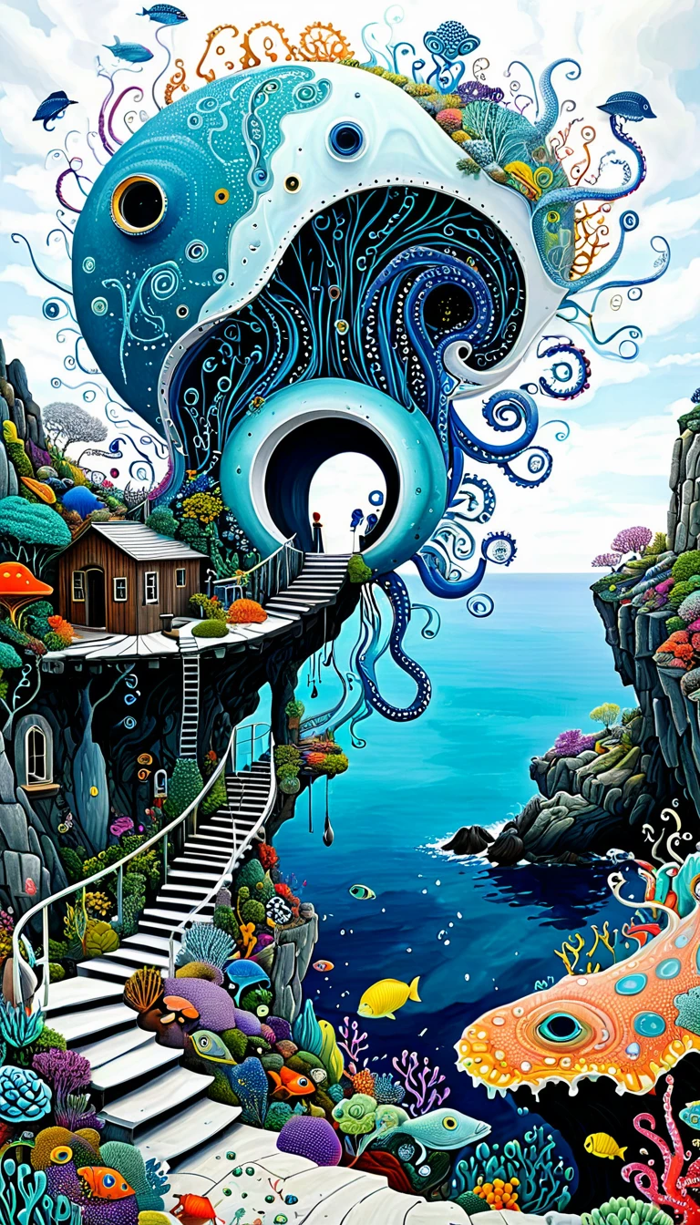 &quot;Dick Ellescas Artist Style&quot;,cabin on cliff，Tentacles瀑布，fish，Tentacles，bird、Eye、eyeball、diatom，Spiral Staircase，Stitching together an abstract painting，Describing the inner world of autistic people，Sense of space，White Space，interesting，Innocence，Psychedelic Art，Blue Theme