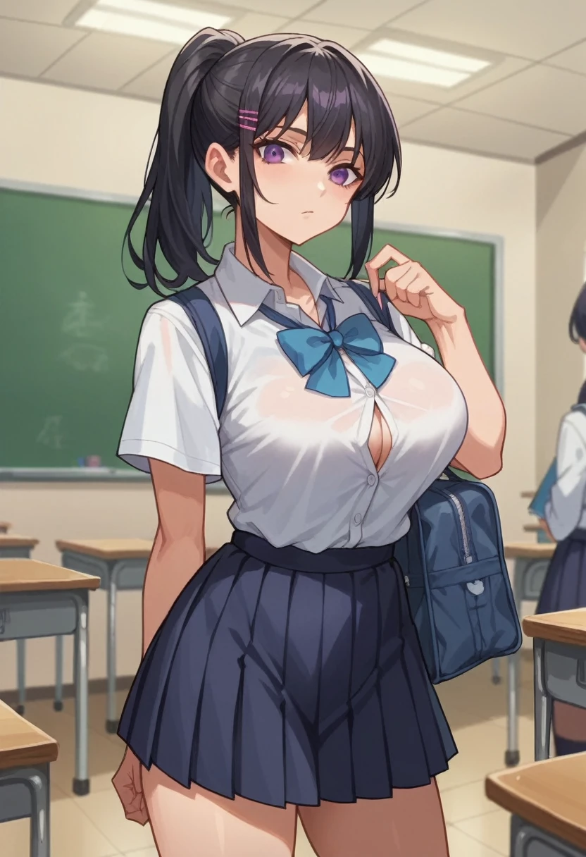 best quality, source_anime, anime screencap, 1girt, black hair, ponytail, purple eyes, large breasts, standing, looking at viewer, student, school, shirts, skirt