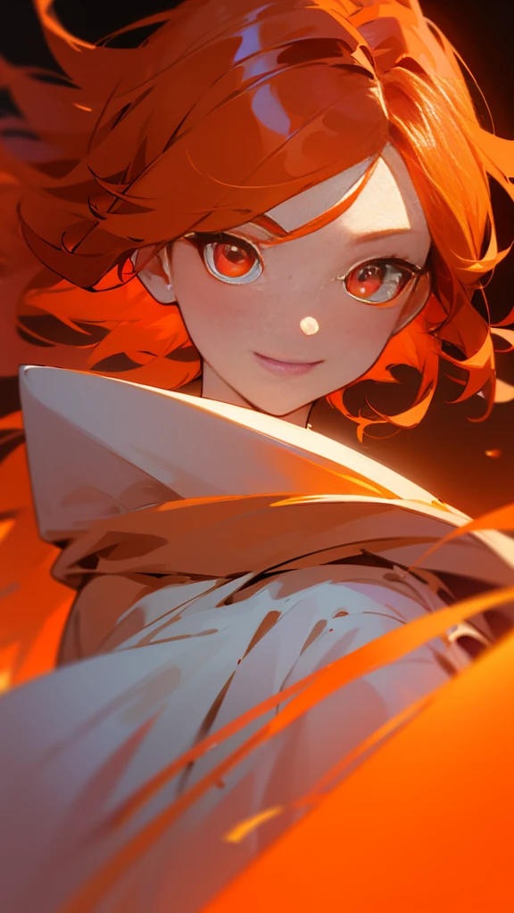 Highest quality、 masterpiece、Upper body close-up、Smiling woman、Windblown orange hair、Glowing red eyes、Background of collective phobia、Light clothing、White and orange clothes