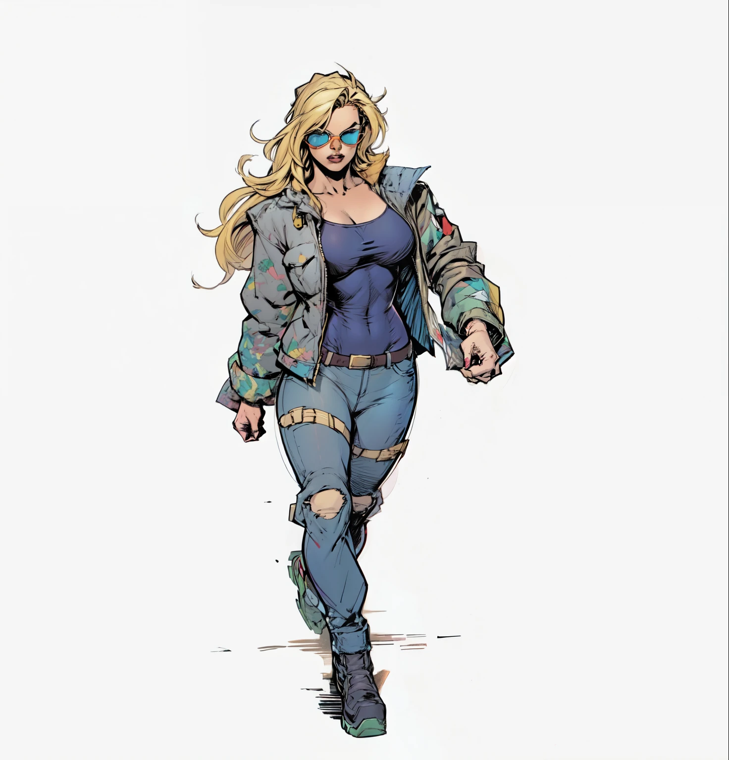 MARVEL COMICS WOMAN WITH JET BLACK SHADES GLASSES WEARING A BAKER SHIRT WALKING FORWARD BLOND HAIR BIG LARGE HIPS