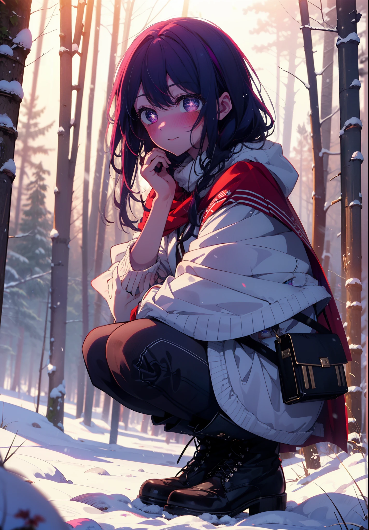 aihoshino, Ai Hoshino, Long Hair, bangs, (Purple eyes:1.1), Purple Hair, (Symbol-shaped pupil:1.5), smile,,smile,blush,White Breath,
Open your mouth,snow,Ground bonfire, Outdoor, boots, snowing, From the side, wood, suitcase, Cape, Blurred, , forest, White handbag, nature, Squat, Mouth closed, Cape, winter, Written boundary depth, Black shoes, red Cape break looking at viewer, Upper Body, whole body, break Outdoor, forest, nature, break (masterpiece:1.2), Highest quality, High resolution, unity 8k wallpaper, (shape:0.8), (Beautiful and beautiful eyes:1.6), Highly detailed face, Perfect lighting, Extremely detailed CG, (Perfect hands, Perfect Anatomy),