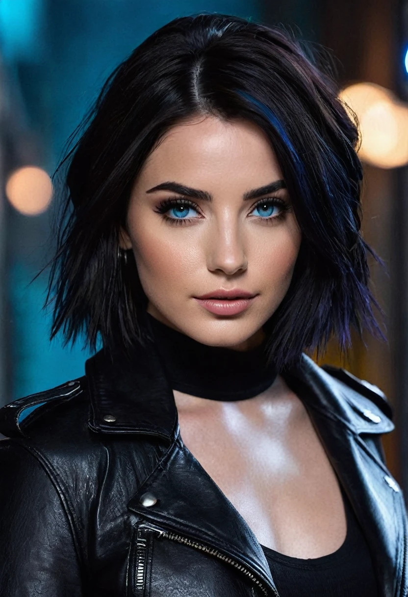 A woman whose facial features are a combo of Emeraude Toubia + Demi Lovato + Dua Lipa + 1/3 Sasha Calle + 1/3 Cait Fairbanks + Adelaide Kane + 1/3 Hailee Steinfeld + Sofia Carson. The woman is 33 years old. The woman has choppy and feathery neck-length bob evocative of Ashley Greene as Alice Cullen in "Twilight" with the tips tied neon-blue. The woman wears a black outfit that includes a moto jacket and leather pants. The woman has brown eyes. The woman has lovely makeup on her face. Cyberpunk sci-fi setting. Symmetrical eyes. Symmetrical face. Great details. Photorealistic. Full-colored photo. Professional photo. Highly detailed 8K.