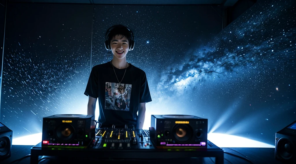 (ultra - detailed, 16K resolution, Cinema lenses，rendering by octane),A young korean man，Has sort hair, Wearing silver DJ headphones, Shiny silver sequined T-shirt, (Signature hip-hop pop outfit:1.3), Smile while DJing on stage.Standing in front of the DJ equipment Full body shot, The spotlight shines on the male DJ. Realistic style photography by Disco Lighting