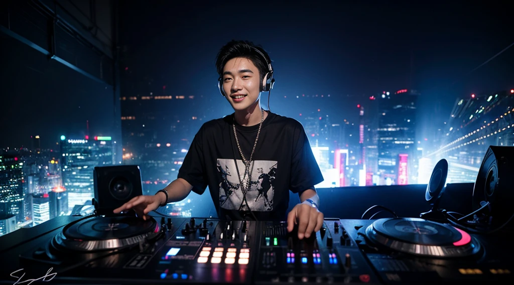 (ultra - detailed, 16K resolution, Cinema lenses,rendering by octane),A young korean man,Has sort hair, Wearing silver DJ headphones, Shiny silver sequined T-shirt, (Signature hip-hop pop outfit:1.3), Smile while DJing on stage.Standing in front of the DJ equipment Full body shot, The spotlight shines on the male DJ. Realistic style photography by Disco Lighting