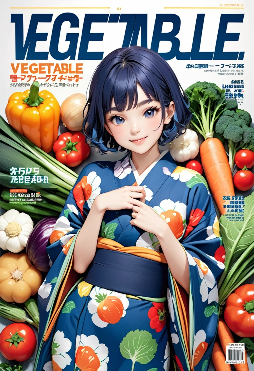 (vegetable magazine cover:1.3),(masterpiece, best quality:1.1),A gravure photo of a vegetable costume girl, cute,with a model posing ,vegetable pattern kimono,model posing,summer,whole body,BREAK.(tween,detailed face,(darkblue wavy-short hair),eyebrows),smile,