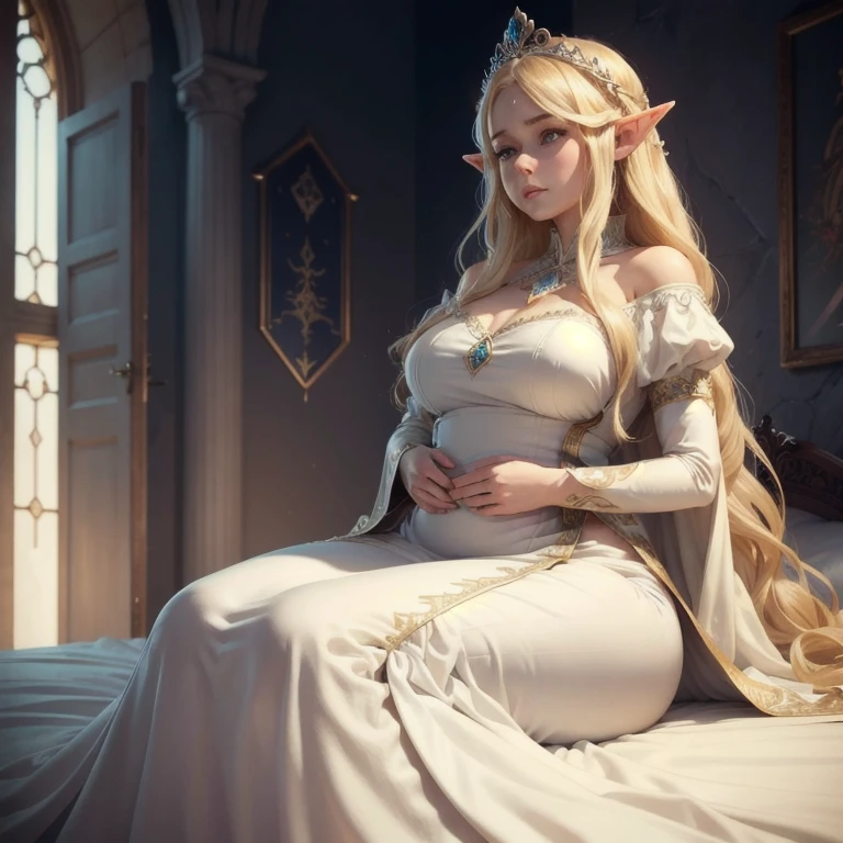 (Best quality), (high resolution), (detailed),1woman, tired elf, princess elf, beautiful royal garments, beautiful long white dress, sitting on a bed in her tall white tower, beautiful long wavy blonde locs, tall, shy priincess, slightly chubby, little pudgy belly, thicc thighs, super shy, empty hands