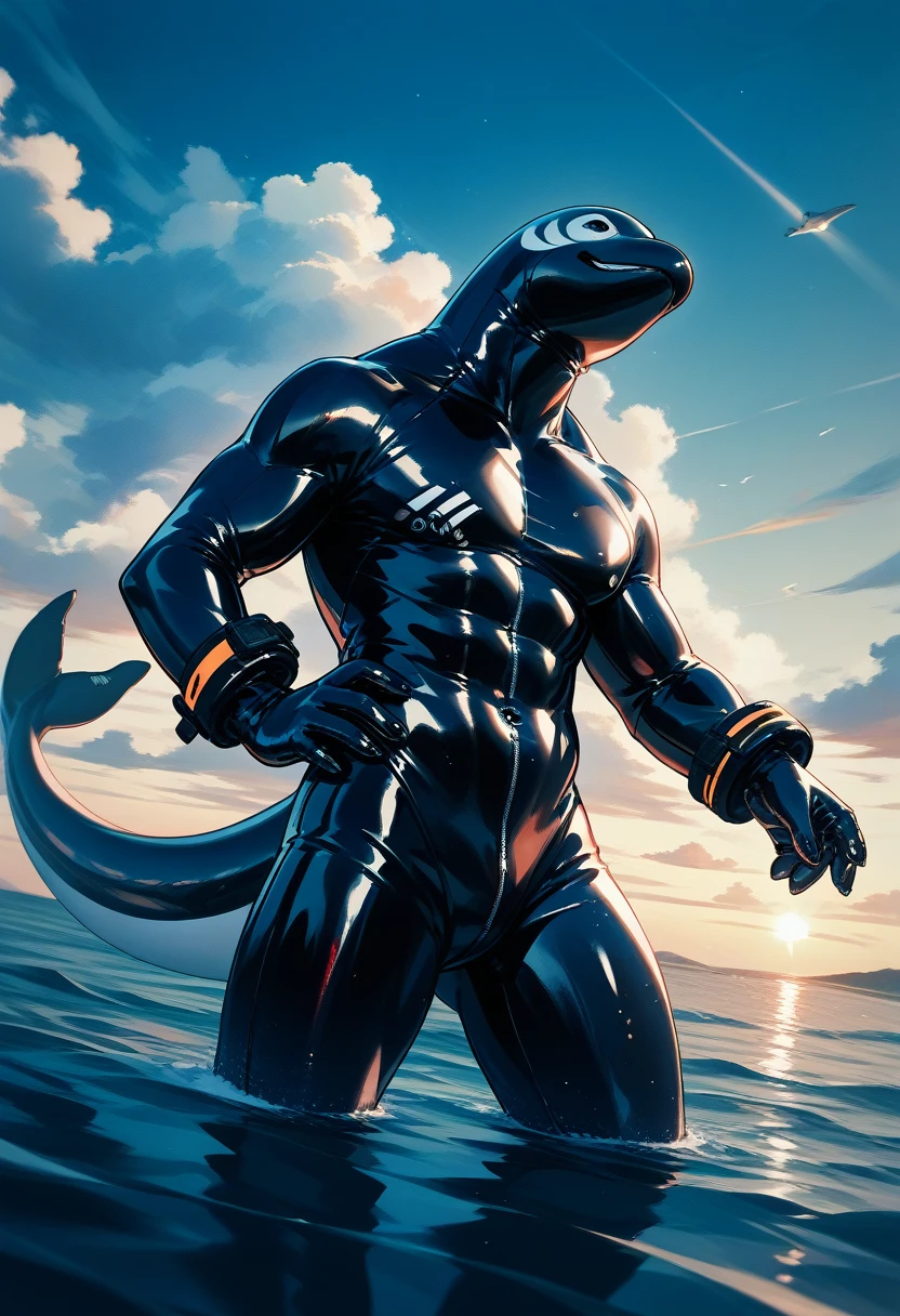 Highest quality, Highest quality, High quality illustrations, masterpiece, Ultra-high resolution, Detailed Background, Beach, Absurd, Perfect Anatomy, performance, Good lighting, Shadows in the movies(kemono, Furry Personifi猫ion), Lizardman, male, Muscle Body, Long dragon tail, Redskin, Rubber Suit, latex, Neon color, Swimwear, Dynamic Angle