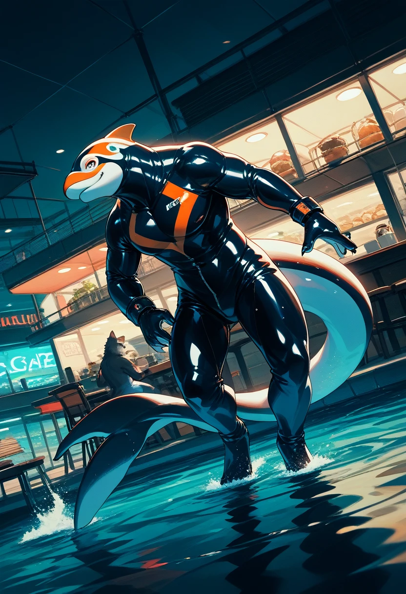 Highest quality, Highest quality, High quality illustrations, masterpiece, Ultra-high resolution, Detailed Background, Café in the sea, Absurd, Perfect Anatomy, performance, Good lighting, Shadows in the movies(kemono, Furry Personifi猫ion), Killer whale, Dolphin, Rubber suit, Rubber suit, latex, neon, neonライト, neonカラー, Rubber mask