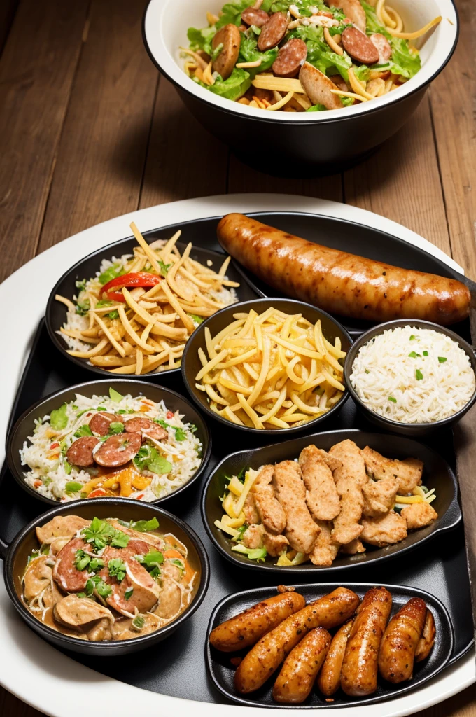 Create image from the following menu:: Chicken strogonoff, Roasted sausage, Straw Potato and Salad.