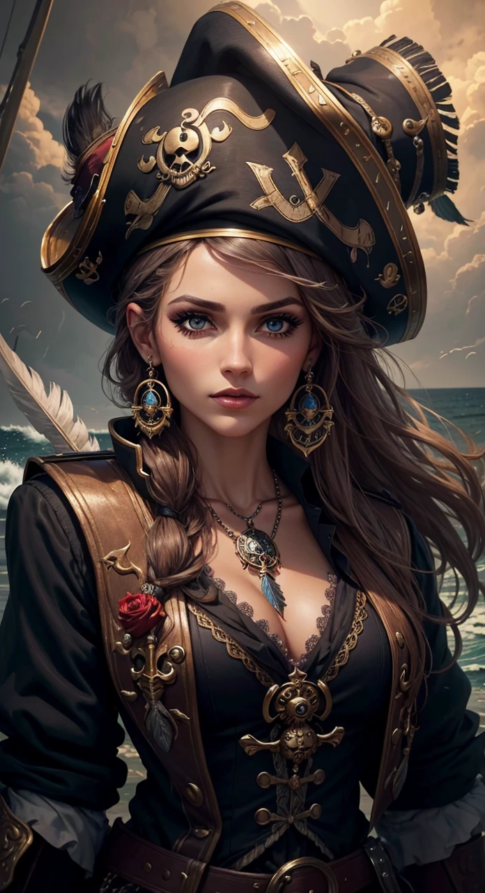 beautiful female pirate with hat, pirate captain, detailed face, beautiful eyes, full lips, long eyelashes, ornate pirate hat, feather in hat, intricate pirate outfit, embroidered coat, shiny jewelry, holding sword, stormy sea background, dramatic lighting, cinematic, vibrant colors, highly detailed, photorealistic