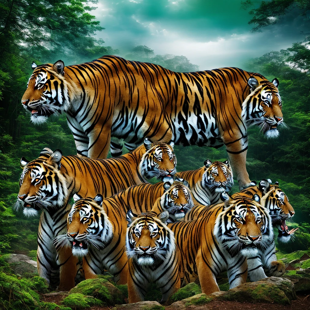 REALISTIC，Various angles of tiger roaring，After unlimited exposure，Overlapping tiger heads form multiple translucent afterimages，Positive view，Secret Forest Land