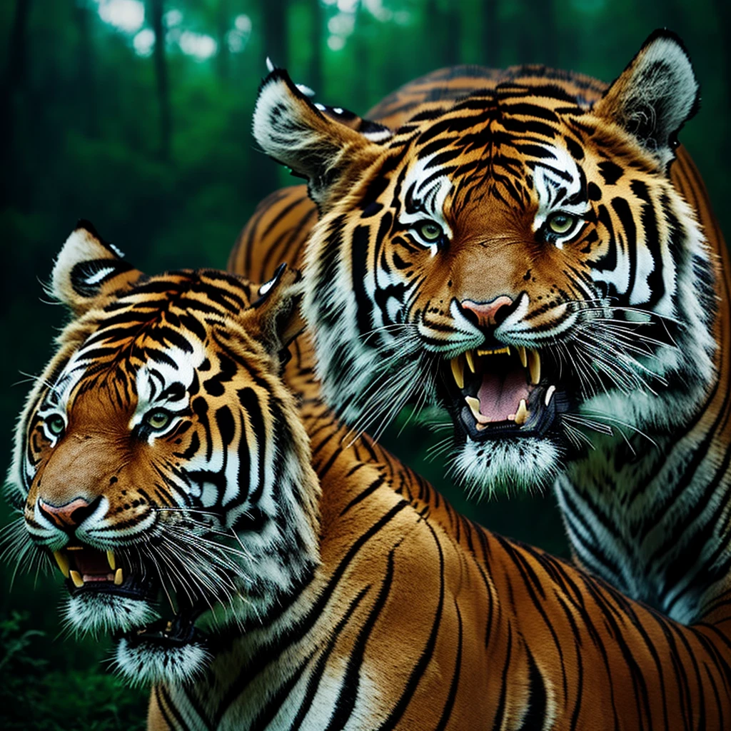 REALISTIC,Various angles of tiger roaring,After unlimited exposure,Overlapping tiger heads form multiple translucent afterimages,Positive view,Secret Forest Land