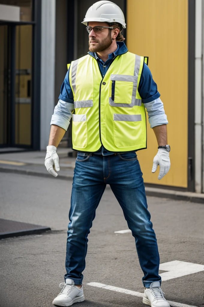 Mr white yellow vest and jeans white helmet