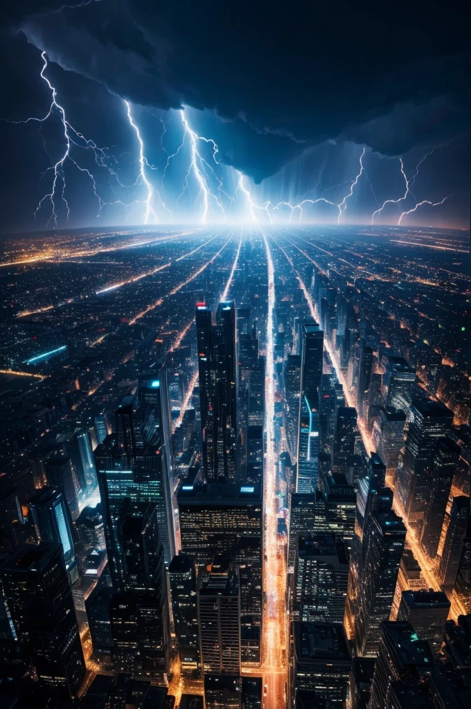 Images of a storm, colorfully,full of night rays in a metropolis lit by rays