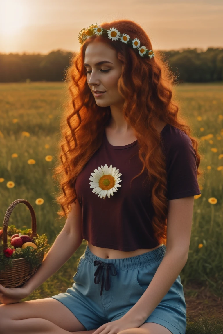 (girl:1.2),alone, (long ginger curly hair:1.1), brown eyes, Wearing a daisy wreath on your head, Sit in a daisy field, (fruit basket:1.1), blue shorts, red shirt,,raw,photographic,photo shadows,actual,Ridiculous,Aesthetic,elegant