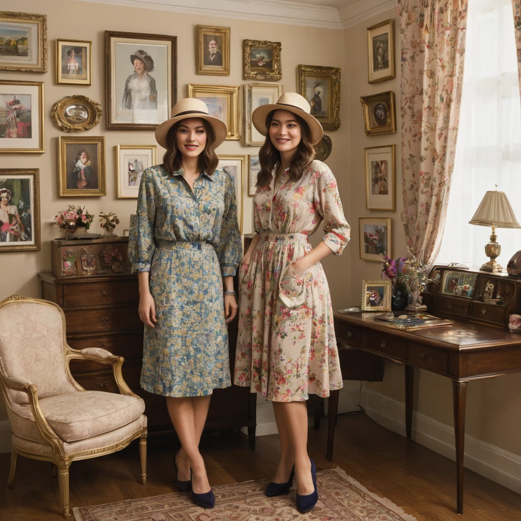 In the image, a woman is seen standing in a room wearing a hat and a floral dress. The room is decorated with various items, including a desk with a variety of objects on it, such as a lamp and a mirror. The walls are adorned with multiple picture frames displaying different artworks. The woman appears to be in her mid-twenties and is the focal point of the image. She exudes a sense of elegance and style with her outfit and posture. The overall atmosphere of the room is cozy and inviting, making it a pleasant setting for the woman''s presence.