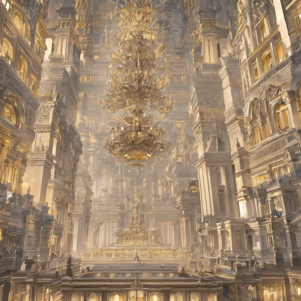 Very detailed, Magnificent architectural sketches，Golden Lights, Features a sophisticated tan and cream color scheme. The design features intricate lines and structures, Showcasing the intricate and beautiful design of a magnificent building.