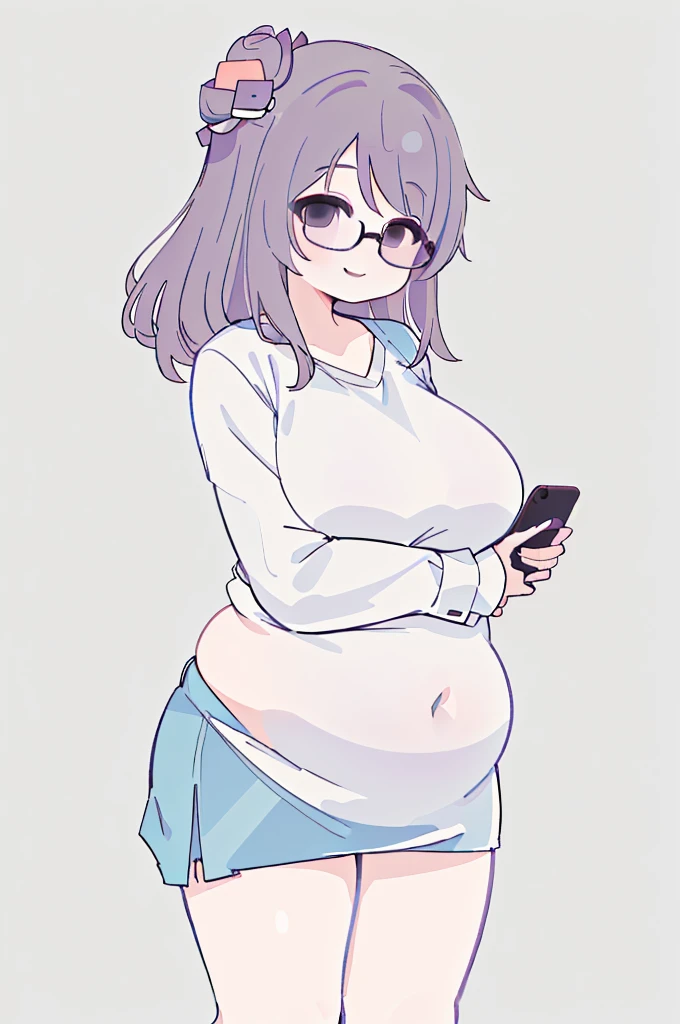 A woman wearing a short skirt is holding a cell phone, Tsk tsk, She has a jiggly, fat, round belly, , brother, big tummy, her belly is fat and round, Fat Chan, thick body, Tsk tsk build, (SFW) safe for work, brother proportions, Short full-length portrait!,,(big bust:1.5), (Black eyes with a slight purple tint:1.5), (Very white and long hair with a bluish tint, weak perm:1.5), (white sleeves wrapped around arms, oversized white shirt, oversized white shirt:1.5), (bare foot, round-rimmed glasses:1.5), (Belly Fat, muffin top, plump:1.5), (smiling faintly:1.5),
