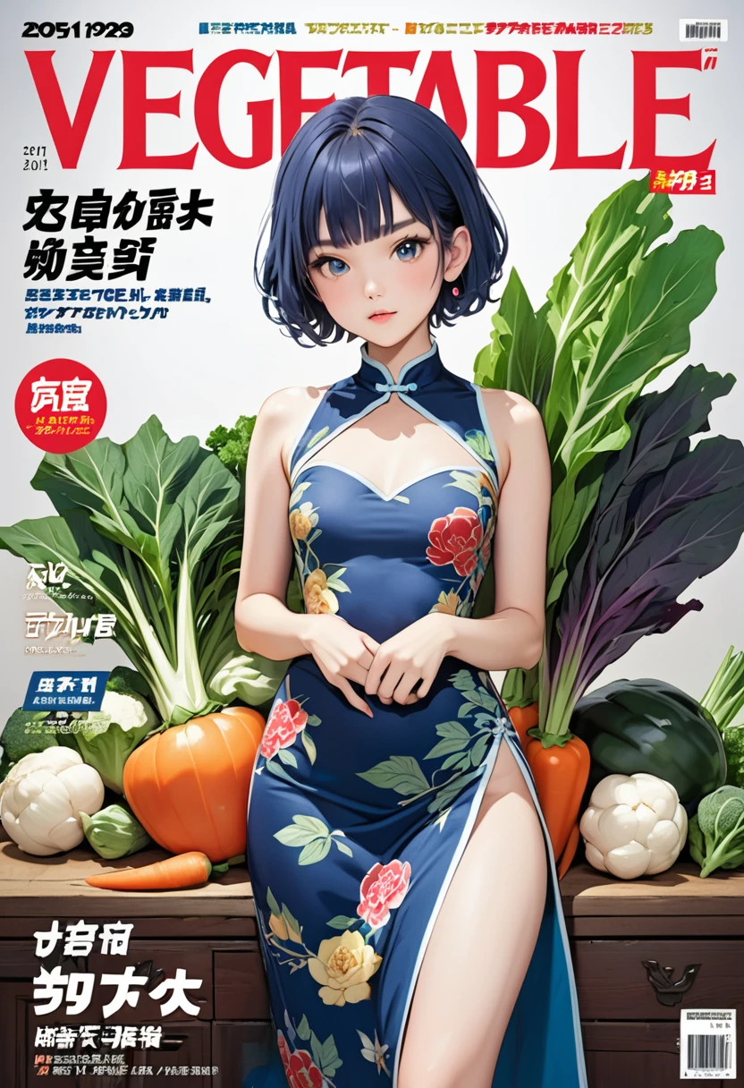 (vegetable magazine cover:1.3),(masterpiece, best quality:1.1),A gravure photo of a vegetable costume girl, cute,with a model posing ,vegetable pattern China dress,model posing,summer,whole body,BREAK.(tween,detailed face,(darkblue wavy-short hair),eyebrows),