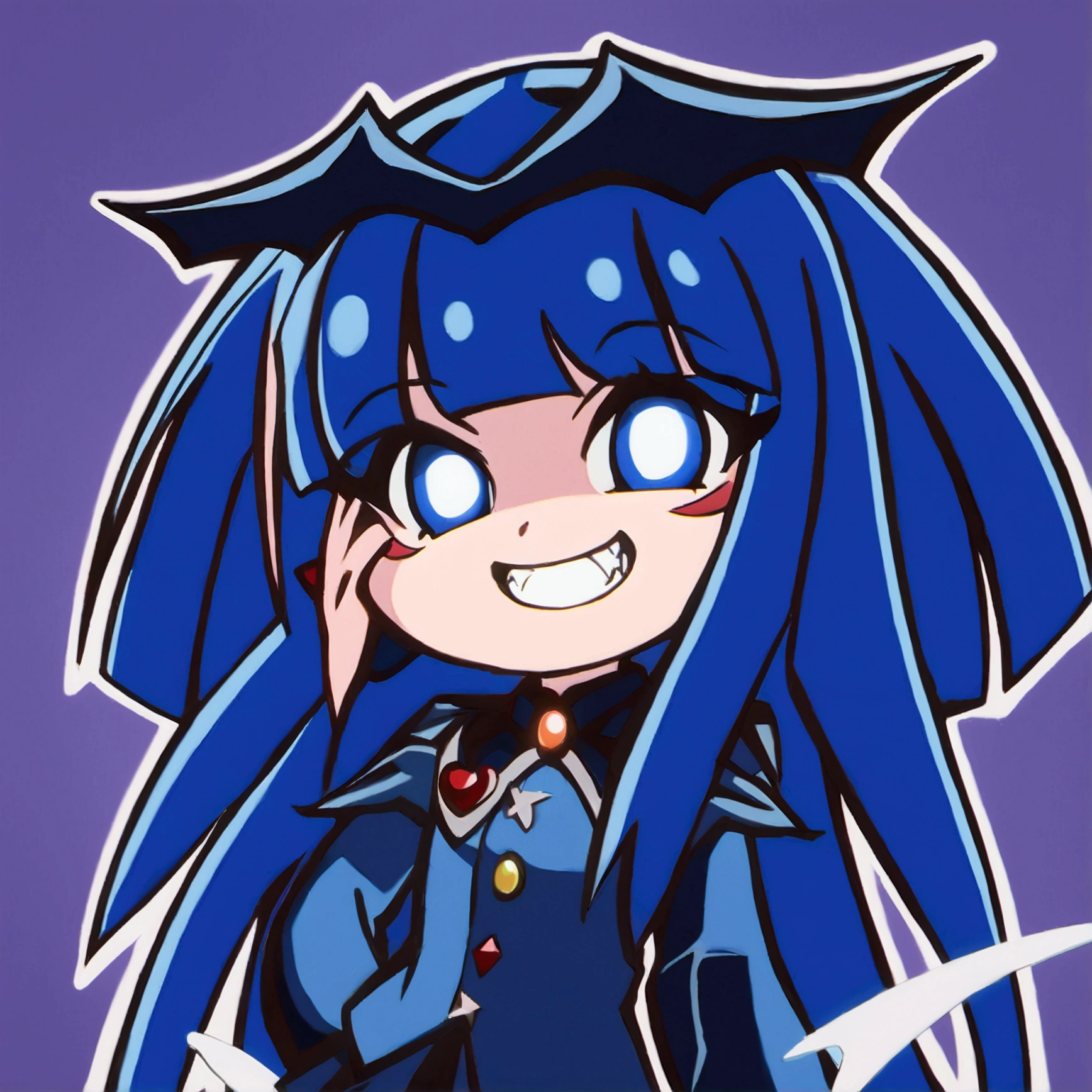 Close-up of a cartoon character with blue hair and blue outfit, anime moe artstyle, 2D anime style, [[[[grinning evilly]]]], , cel - shaded art style, I&#39;ll do fanart too, nasty grin, hero 2d fanart art, chibi, vampire