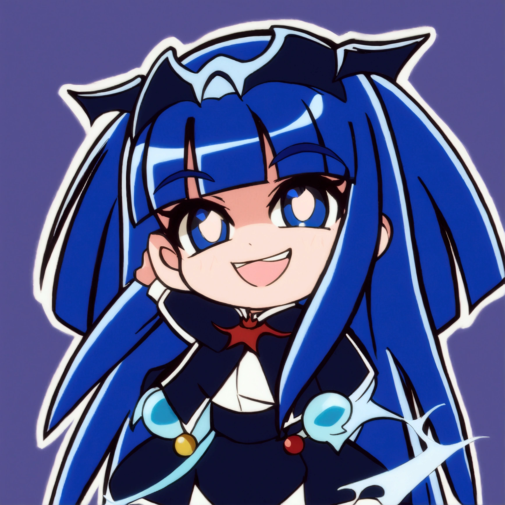 Close-up of a cartoon character with blue hair and blue outfit, anime moe artstyle, 2D anime style, [[[[grinning evilly]]]], , cel - shaded art style, I&#39;ll do fanart too, nasty grin, hero 2d fanart art, chibi, vampire